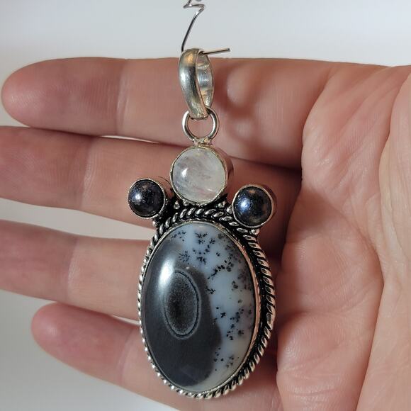 Handmade Silver Pendant With Dendritic Agate, Moonstone Flash & Black Onyx Trio - Picture 2 of 9